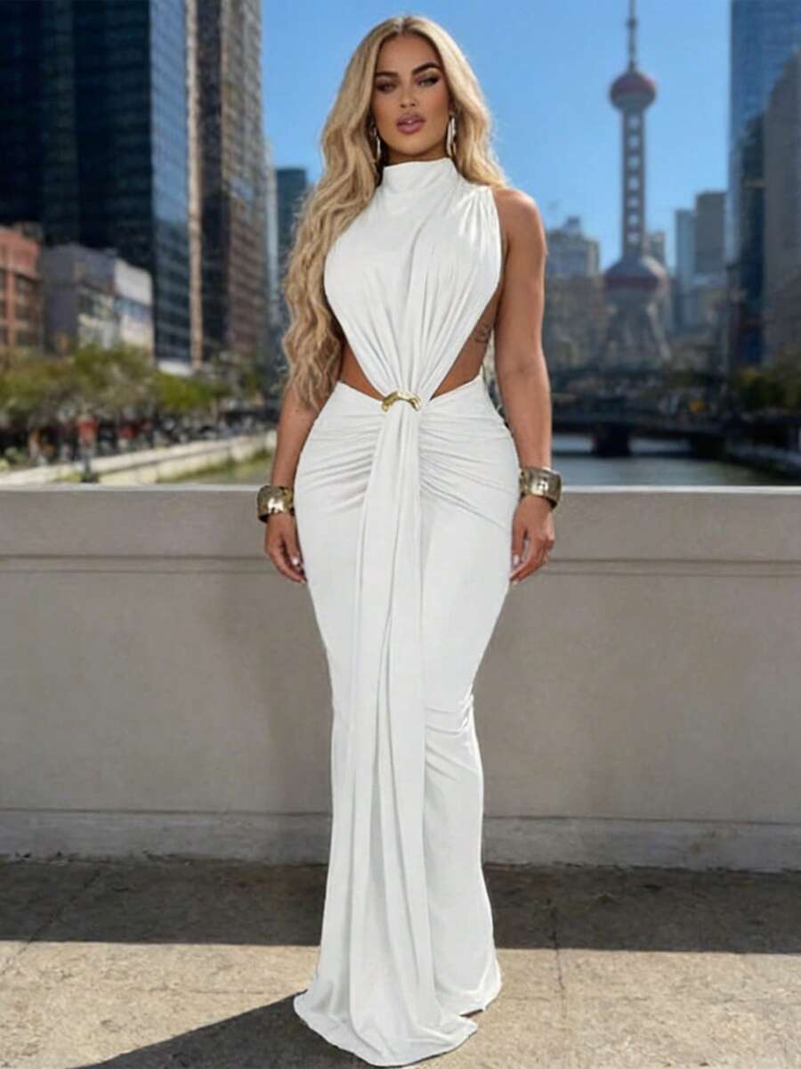 Women's Resort Clothing Solid Color Sexy Side Slit Sleeveless Fashion Party Dinner Ball Elegant Dress Dress Women's Christmas And New Year Outfits - 白色 - 查看 1