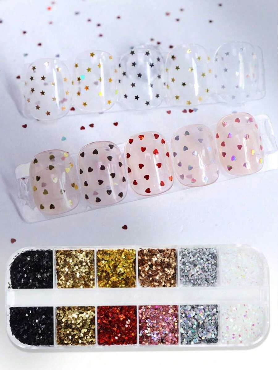 12 Grids 1mm Laser Mini Heart & Star Shaped Glitter Nail Art Sequins, Cute Heart Star Glitter DIY Charming Nail Design Nail Art Supplies Nail Jewelry Nails - Multicolor - View 1