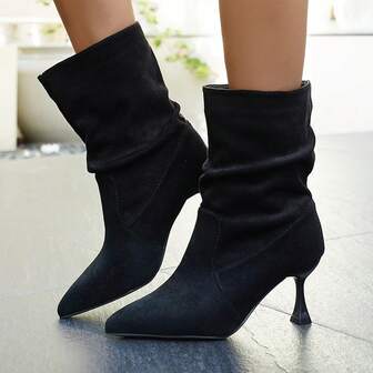 Autumn/Winter New Solid Color Pleated Velvet Mid-Calf Boots Women, Pointed Toe Elegant High Heel Shoes, Fashion Versatile For Commute And Date