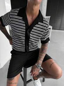 WAIT HIM Áo thun nam tay ngắn dệt kim kẻ sọc, cài một hàng khuy, kiểu dáng thường ngày, thích hợp đi làm. - Đen và trắng - Xem 2