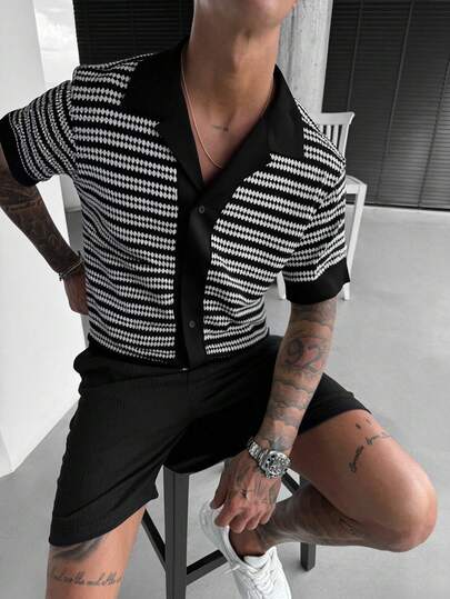 WAIT HIM Men's Striped Single-Breasted Casual Commuter Knit Short Sleeve Top