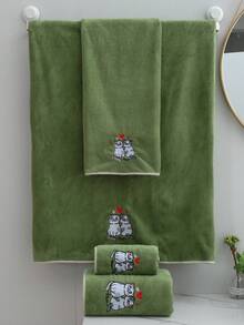 1pc/2pcs Valentine's Day Gift - Coral Terry Towel Set Or Single Towel, Bathroom Accessories Bathroom Set, Adorable Embroidered Cat Design, Soft & Quick-Drying, Lightweight & Portable Suitable For Face, Body, Hair, Pool & Gym Use - Unisex/Couples Gift - Green - View 2