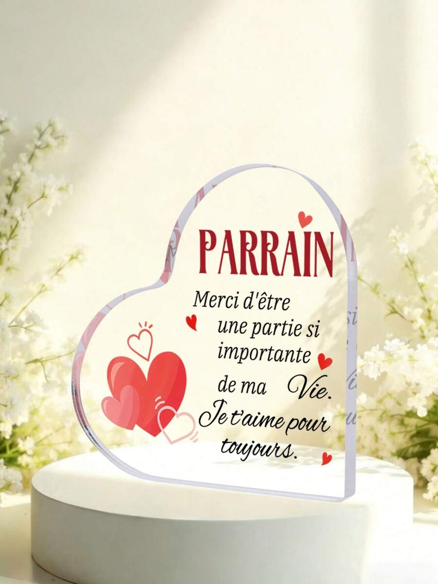 1pc French Acrylic Desktop Decorative Ornament Sign, Thank You Parrain Text & Warm Element Design Decoration, Daily/Holiday/Birthday Ideal Gift To Parrain, Home, Desktop, Bedside Table, Study Room Decoration - Multicolor - View 1