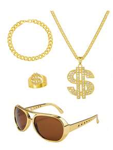 4pcs/5pcs Vintage Hip Hop Dollar Sign Necklace, Ring, Bracelet, Dollar Necklace, Sunglasses - 60s 70s 80s 90s Hip Hop Fashion Accessories, Party Supplies, Rapper, Unisex Retro Hippie Jewelry, Halloween - Multicolor - View 2
