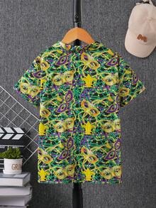 1pc Carnival Masquerade Ball Ribbon Print Revere Collar Short Sleeve Button-Up Shirt, Carnival Costume, Lightweight Breathable, Boys Casual Shirt - Multicolor - View 2