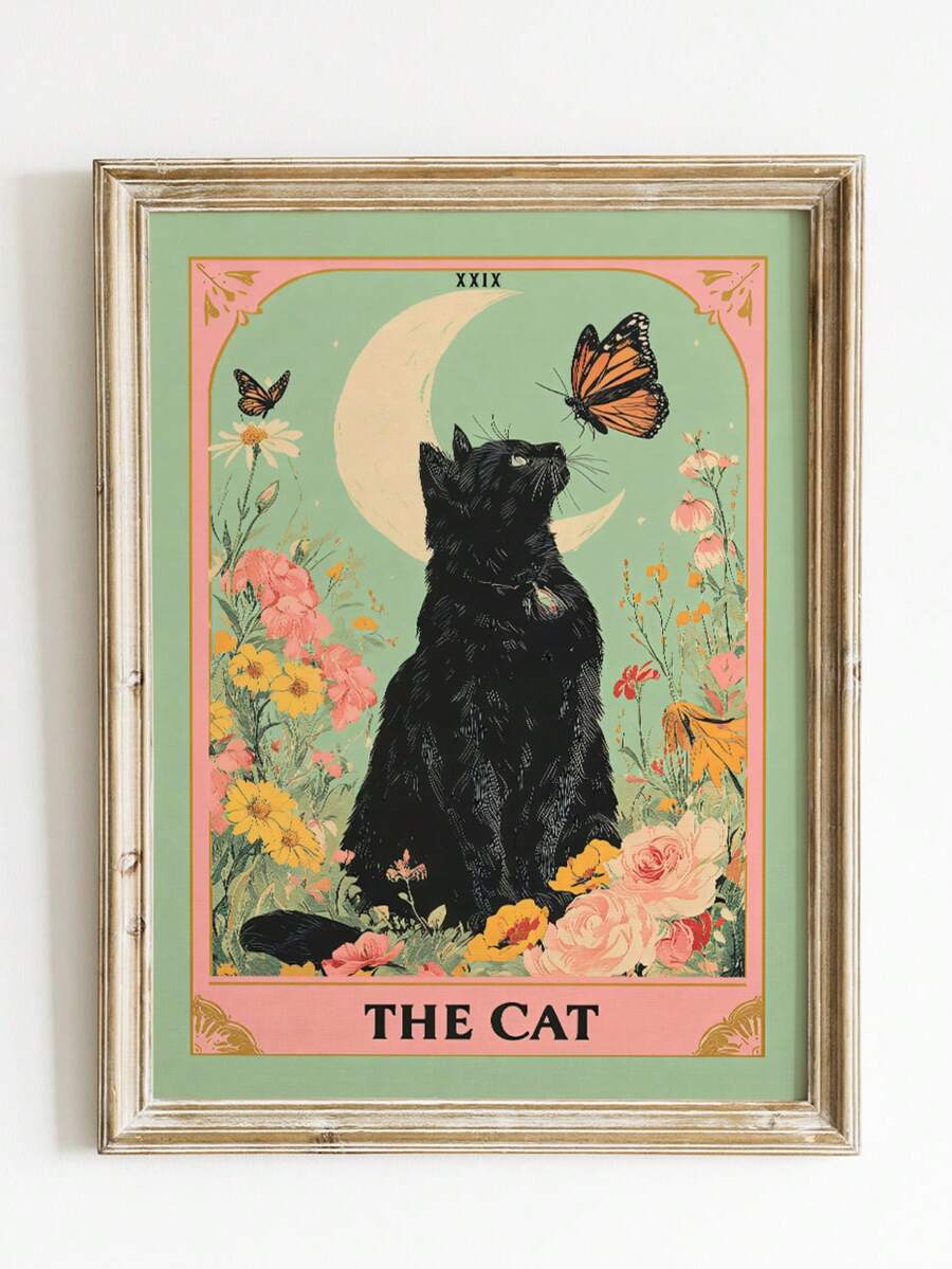 1pc Frameless Cat Tarot Art Print Poster, Mystical Black Cat With Moon & Floral Wall Decor, Witchy Gothic Poster For Witchy Bedroom, Living Room, Dorm, Fantasy Cat Lover Gift, Room Decor Bedroom, Back To School, Funky Posters, Vintage Decor, Wall Prints, College Dorm Essentials