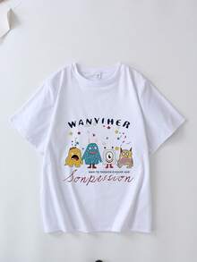 Plus Size Cartoon & Slogan Graphic Tee Casual Summer White - White - View 2