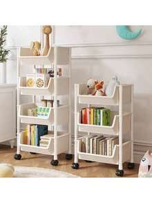 1pc White Mobile Storage Cart, Plastic Utility Organizer Rack On Wheels, Adjustable Shelving Units, Space Saving For Living Room, Bedroom, Dorm, Office - Easy Assembly, Sturdy Construction, Compact Design, Freestanding, Tilted Shelves, Multipurpose