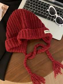 1顶纯色编织针织帽，纯色百搭大帽围针织渔夫帽，女士针织帽，秋冬季保暖护耳帽，飞行员帽，滑雪帽 - 彩色 - 查看 9