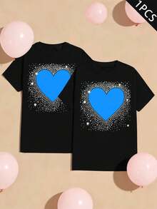 Maglietta coordinata con stampa a cuore per coppia, primavera, cotone di prima qualità, girocollo, vestibilità comoda, street hip-hop - DonnaNero-1PC - Visualizzare 2