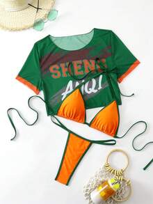 Bộ bikini nữ gợi cảm, thanh lịch, hở lưng, buộc dây, họa tiết hình học ghép chữ, kiểu quần lọt khe cạp cao, thích hợp cho kỳ nghỉ biển. - Nhiều màu - Xem 7