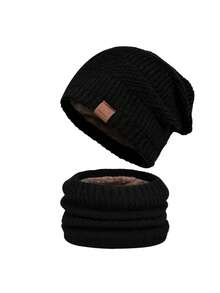 1 Set Herren Strickmütze & Schal, warme thermisch gefütterte Beanie & Halswärmer, geeignet für tägliche Ausflüge, Eiskunstlauf, Skifahren, passende Outfits, Winter - schwarz 1 - Übersicht 6