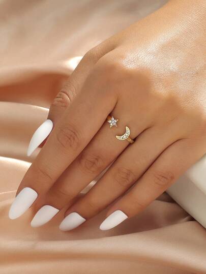 1pc Adjustable Open Star & Moon Design Ring, Fashionable Minimalist Accessory Suitable For Women During Ramadan Holidays