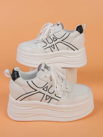 女士坡跟厚底运动鞋，撞色运动休闲系带时尚百搭低帮休闲鞋，白色，隐形鞋跟，春秋季