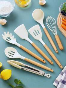 Utensillos Cocina Sets de cuchillos 19 espatulas Brochas De Silicona cuchillos Para Cocina Antiadherente Pastelera Manejar reposteria juego para cocinar con mango de madera Para Cocinar Mezclar y Hornear Herramientas cucharón de sopa, resistente al calor para la cocina del hogar mueble cuchillo cuchara rosa cucharas espatula - Beis - Ver 3