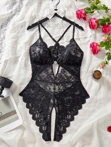 性感无裆内衣，女士蕾丝深V领性感连体衣，私密诱人睡衣，可调节肩带蕾丝印花吊带