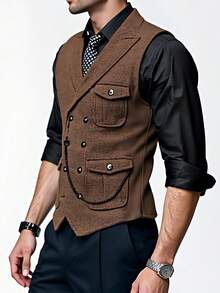 Men's Double-Breasted Retro Classic Suit Vest Slim Business Wedding Best Man - Coffee Brown - View 3