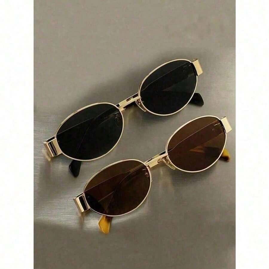 1 Pack Women's Oval Fashion  - Metal Frame Glasses Daily Wear, Beach Holiday Accessory - Brown - View 1