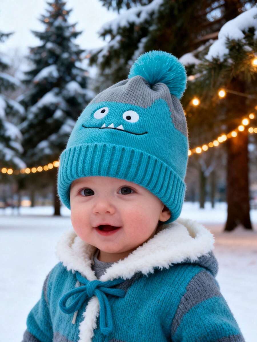 1顶带毛球的婴儿针织帽，冬季保暖针织帽，3D刺绣卡通人物图案，婴儿派对装饰，男女宝宝冬季配饰，新年礼物 - 彩色 - 查看 1
