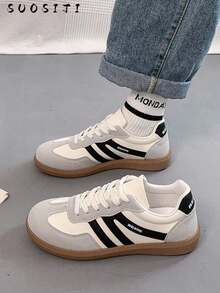 女士多功能时尚休闲平底鞋，防滑系带圆头橡胶底休闲运动鞋，黑色和卡其色拼色日常休闲鞋，尺码 36-41 - 黑與白 - 查看 4