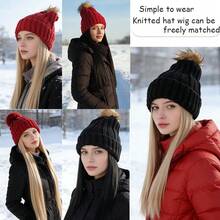 女士冬季保暖长直发假发帽针织帽，逼真黑色合成纤维发丝，适合寒冷天气 - 彩色 - 查看 8
