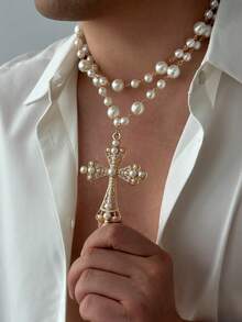2pcs/Set Men's Fashion Faux Pearl Copper Cross Pendant Double Layer Necklace, Baroque Style, Suitable For Daily Wear, Party And Gathering - 2-piece Necklace Set - View 3