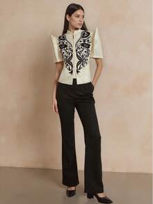 Amyenjoylife 现代菲律宾风情衬衫，菲律宾风情蝴蝶袖衬衫，女士优雅时尚泡泡袖刺绣短袖衬衫/开衫，杏色上衣