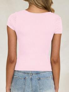 Vaiaye Women's Solid Color Knit Square Neck Sexy Slim Fit Y2K Short Sleeve T-Shirt, Spring/Summer Sportswear & Fitness Top, Suitable For Valentine's Day - Pink - View 11