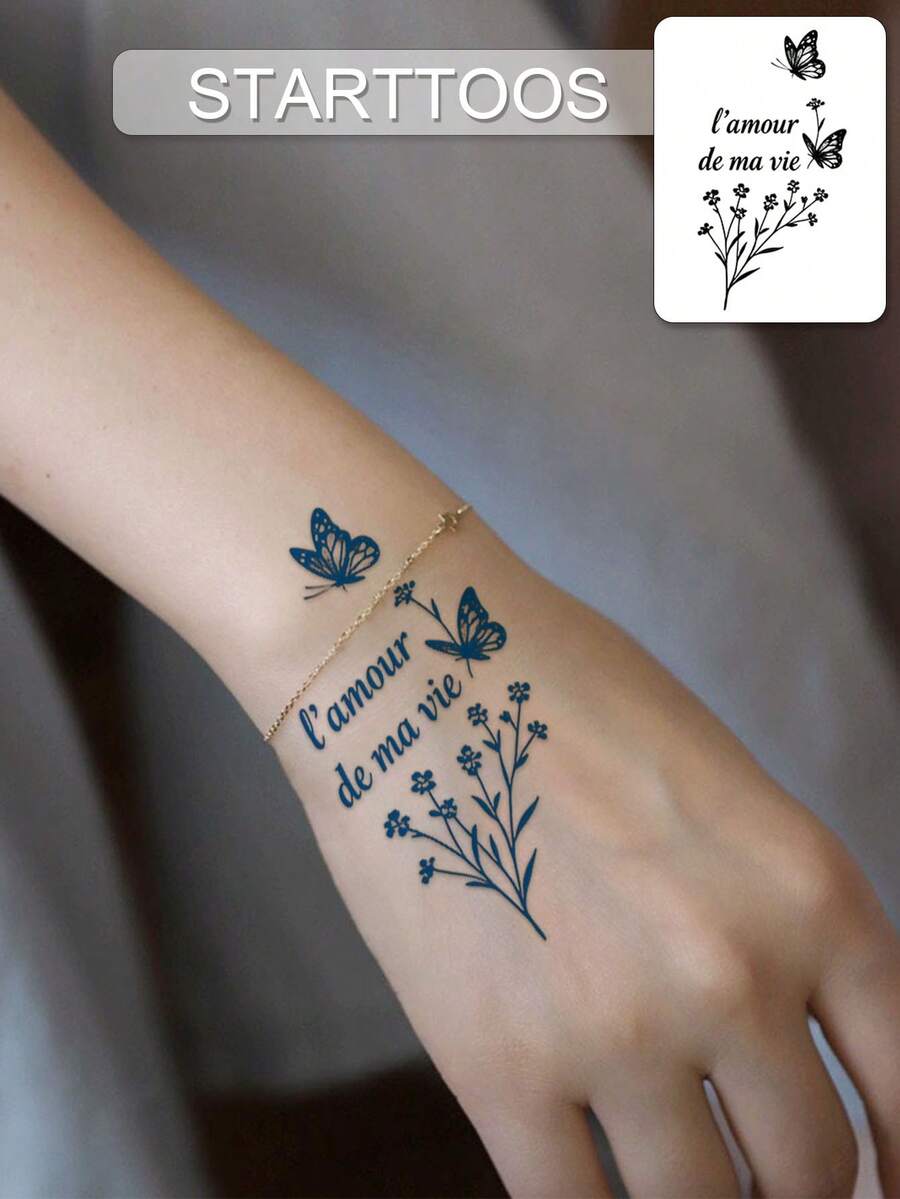 草本果汁半永久魔法纹身贴 极简纹身 - （寓意“我一生的爱”）蝴蝶小花瓣图案纹身贴 情人节、狂欢节礼物 - 日常派对节日礼物 - 可贴于肩部、颈部、手臂、腰部、腹部、背部、腿部、膝盖、身体 - 逼真临时纹身，半永久纹身 - 防水、不反光纹身贴 - 1 片装 - 仿真纹身 - 藍色 - 查看 1