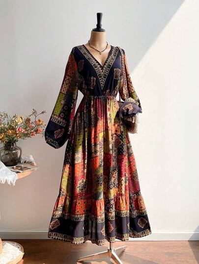 Rusttydustty Đầm dài tay cổ chữ V in hoa phong cách Bohemian cổ điển dành cho nữ, thích hợp cho các lễ hội âm nhạc, kiểu dáng thanh lịch mùa xuân.