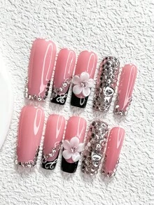 10pcs Shiny Crystal Nail Art Stickers Set, Nude Pink Base Adhesive Nail Decals, Flower Shaped Nail Jewelry, Heart Nail Decorations, Black Gel Nail Polish, Elegant & Luxurious, 3 Sizes Available: Almond, Duck Mouth, Coffin Nail Shapes, Includes Tool Kit (1pc Jelly Sticker + 1pc Nail File), Suitable For Women & Girls, Party & Daily Wear Nail Accessories Nails Nail Supplies - Nhiều màu - Xem 4