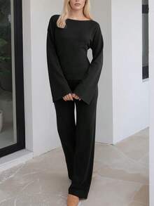 Women's Black Crew Neck Long Sleeve Top And Wide Leg Pants Set, Medium Stretch Fabric, Effortlessly Create Stylish Daily Looks