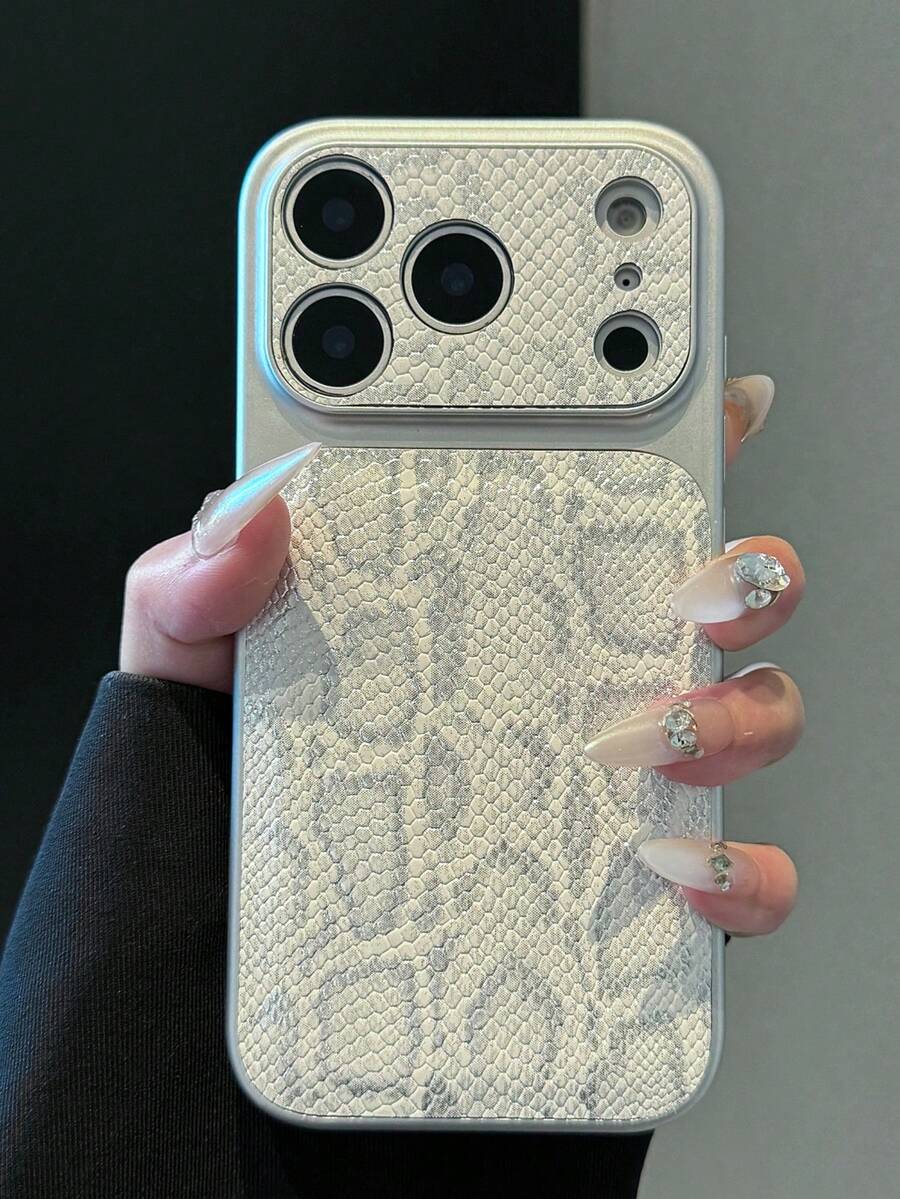 1pc Silver Leopard Faux Leather Electroplated Silver Phone Case Compatible With Apple Xs/Xsmax/Xr/11/12/13/14/14plus/15/15plus/16Pro/16Promax/17Promax Series, Anti-Drop Shock-Proof, Camera Protection, Holiday Gift, Suitable For Men And Women Couples - Multicolor - View 1
