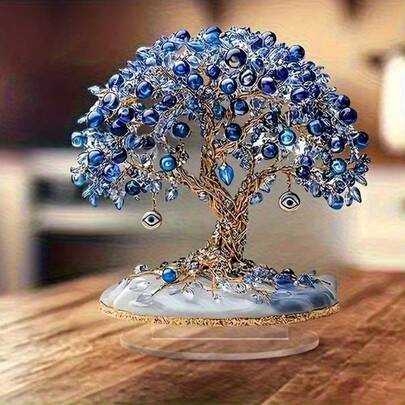 1pc Elegant Acrylic Turkish Evil Eye Tree Decor - Adorned With Blue & Transparent Beads, Gold Leaves, Acrylic Tabletop Ornament - Ideal For Home, Party, Storefront Display - No Electricity Needed - Holiday & New Year Gift