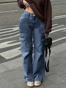 Women's High Waist Cargo Wide Leg Jeans, Blue Wash Denim Multi Pocket Streetwear Pants - 深藍色 - 查看 1