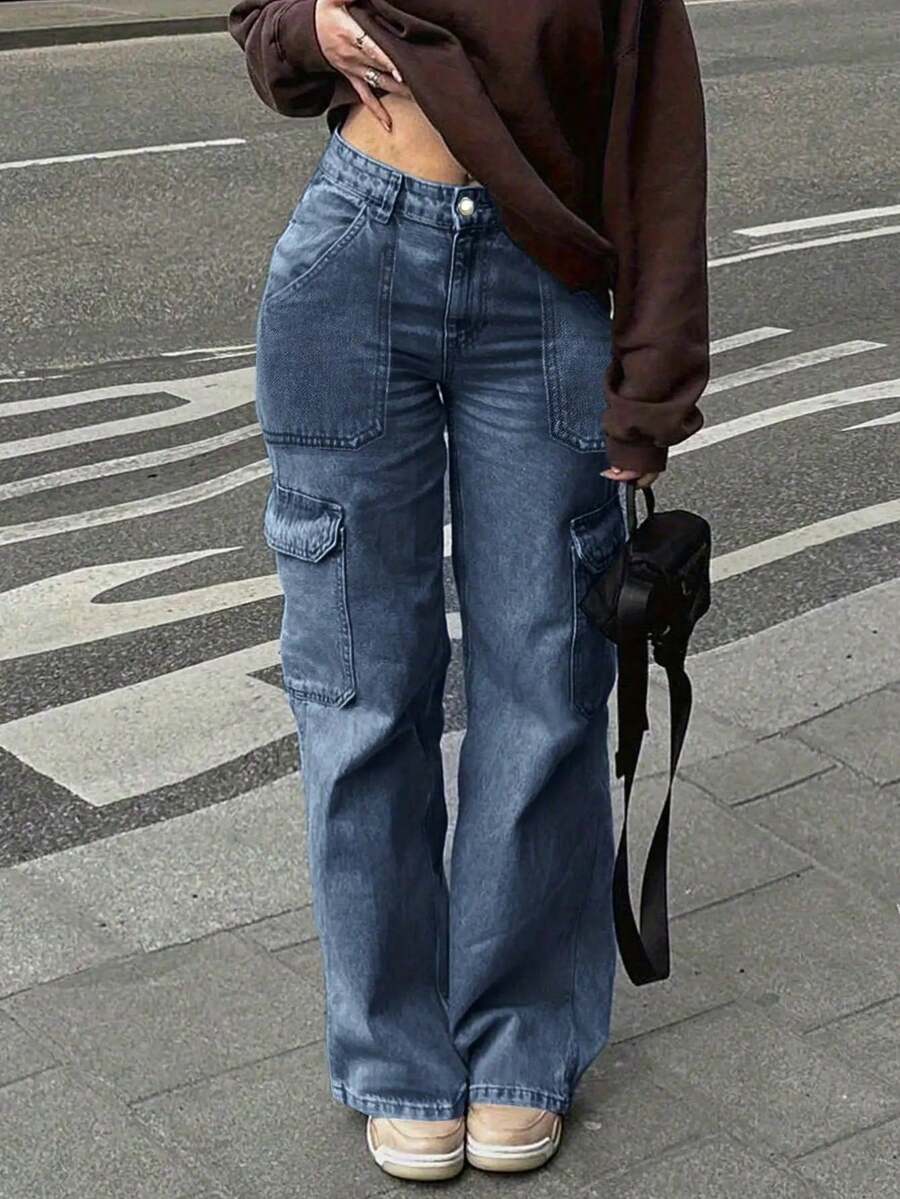 Women's High Waist Cargo Wide Leg Jeans, Blue Wash Denim Multi Pocket Streetwear Pants - 深藍色 - 查看 1