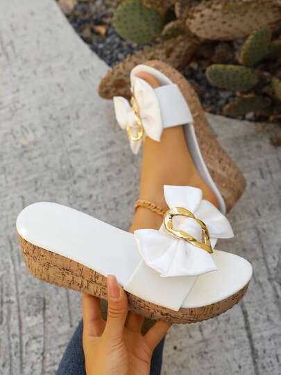 2025 Summer New European & American Plus Size Peep-Toe Wedge Heel Bowknot Platform Sandals