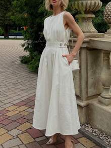 Women's Elegant Sleeveless Midi Cotton Dress, White, Fashionable Minimalist Style Suitable For Daily Commute, Spring/Summer - Apricot - View 7