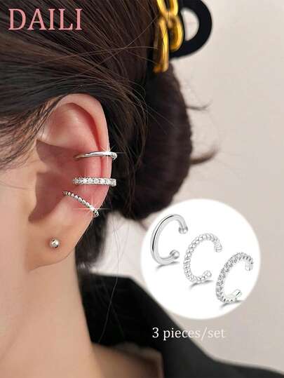 3 Pcs Ear Cuff Gold Hoop Cuffs Earrings For Women Teen Hip-Hop Fashion Exquisite Non Piercing Hypoallergenic Cubic Zirconia Earrings Set Jewelry Gifts Daily Decoration