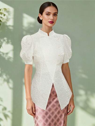 Women's Kobayashi - Solid Color Elegant Jacquard Button-Up Top - Spring/Summer