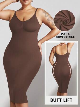 1pc Plus Size Women Shapewear Jumpsuit Dress, Waist Slimming, Seamless Black, Tightening Bust, Abdomen And Waist, Plus Size Shapewear Dress, Full Body Nightgown