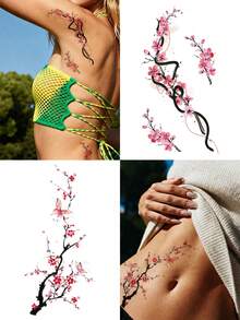 6 PIEZAS Tatuajes temporales de combinación con tinta de fusión de color, diseño de flor de ciruelo y loto, tatuajes falsos para DIY, carnaval, San Valentín, fiestas y festivales, adecuados para muñeca, tobillo, hombro, cuello, clavícula, pecho, abdomen y espalda - Multicolor - Ver 2