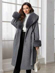 Women's Wool Blend Coat With Faux Fur Collar, Cuffs And Belt - Fashionable Long Jacket For Cold Weather - Dark Gray - View 1