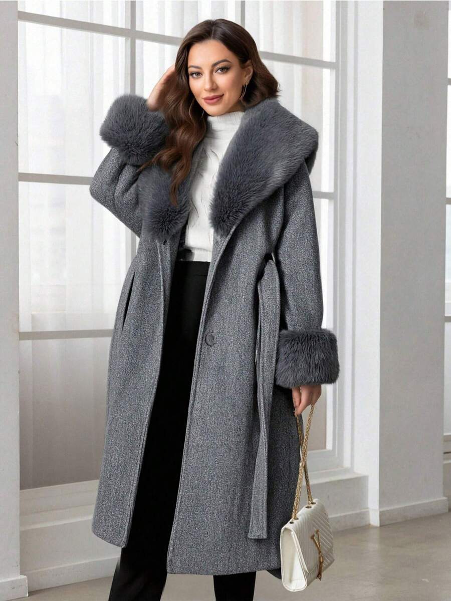 Women's Wool Blend Coat With Faux Fur Collar, Cuffs And Belt - Fashionable Long Jacket For Cold Weather - Dark Gray - View 1