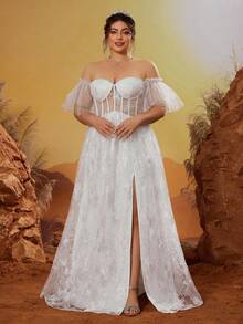 Magiacy 高端晚礼服，单肩设计，饰有刺绣蕾丝边，前部和下摆均有开衩 - 白色 - 查看 1