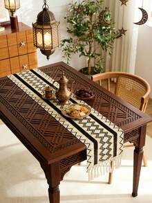 1 Piece Middle Eastern Islamic Style Geometric Zigzag Woven Table Runner, Black/White/Yellow Pattern With Fringed Edge, Durable Woven Material Table Decor, Ideal For Ramadan Festival & Traditional Dining Room, Matching With Carved Wooden Table & Copper Tea Set To Create Rich Cultural Atmosphere - Multicolor - View 9