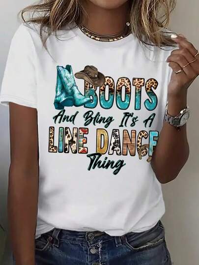 100% Cotton Women'S Casual Crew Neck T-Shirt, Short Sleeve Graphic Tee With " Boots And Line Dance" Print, Lightweight Summer Top For Casual Attire, Casual Wear | Playful Print Tee | Graphic Print Tee