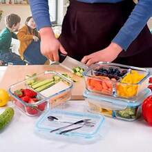 YQQ Brandtrendy - Juego de 3 Contenedores de Vidrio para Preparación de Comidas con divisiones organización y almacenamiento de cocina contenedor transparente con tapas resistente a frio o calor5735 - TransparenteYAzul - Ver 6