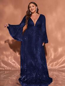 Plus Size Women Navy Blue Sequin Deep V-Neck Flare Sleeve A-Line Maxi Party Evening Dress - Navy Blue - View 3