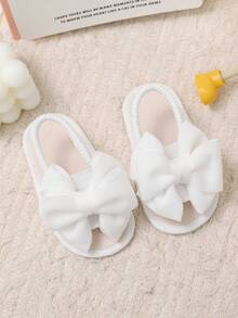 1 Pair White Soft & Comfortable Mesh + Fabric Bow Decor Infant/Toddler Girls Indoor Flat Sandals, Classic Elastic Back Design, Round Toe, Non-Slip Soft Sole, Suitable For 0-2 Years Old, Spring/Summer - White - View 5
